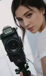 a woman holding a camera with both hands