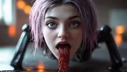 a girl with long pink hair sticking her tongue out