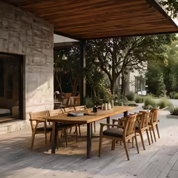 a wooden deck with tables and chairs under a canopy