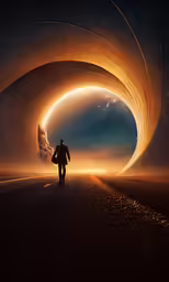 a man walking down a street under a tunnel