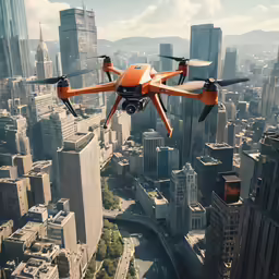 an orange and black unmanned flying over a city