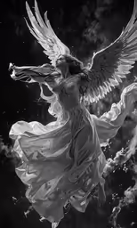 a woman with a large white wings and an angel flying through the sky