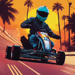 a person driving a kart on a deserted road,a guy wearing a helmet on his motor cycle