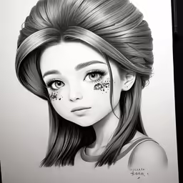 a girl with long hair and blue eyes is shown, while she has glitter on her face