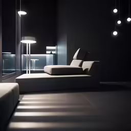 an empty white couch sits in front of a wall with different lighting fixtures