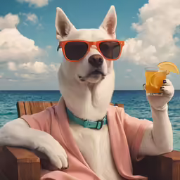 a dog dressed in sunglasses and holding a glass