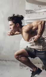 a male ballet dancer stands with his right leg up against the wall