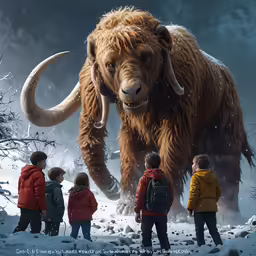 children watching a large animal that has large horns