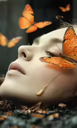 a woman with butterflies on her face