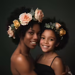 two girls are posing with flowers in their hair