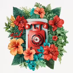 an old phone surrounded by flowers and leaves