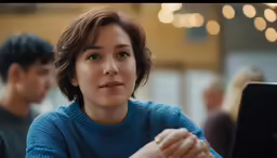 a woman wearing a blue sweater sits in front of a computer