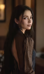 a woman that has long black hair standing up