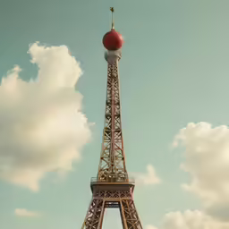 the top of the eiffel tower under a cloudy blue sky