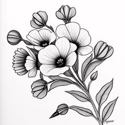 the black and white flowers are drawing on paper,a pencil drawing of flowers that have just been drawn