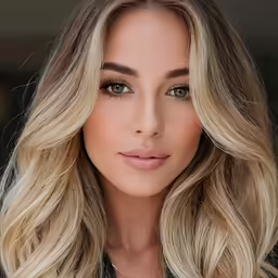a woman with long blonde hair, wearing a black top