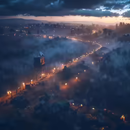 a city skyline in the midst of night fog