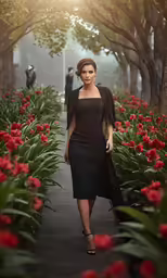 a woman is walking through the garden with red flowers