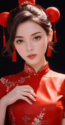 a girl wearing a red dress with flowers on it
