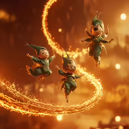 a group of three elf dolls flying through the air