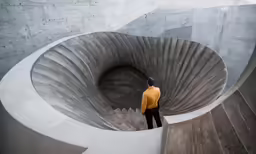 a man standing inside the shape of an object in concrete