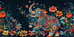 a large elephant standing in a lush forest covered in lots of flowers