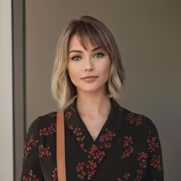a blonde haired woman with a shoulder bag