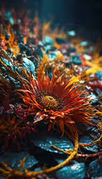 a close up of the colorful flowers on display,a flower on a black surface in a dark room