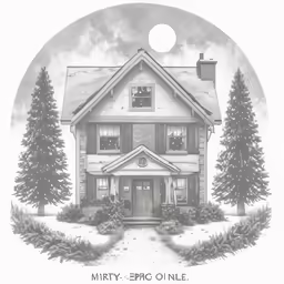 a drawing of a house and trees in the background