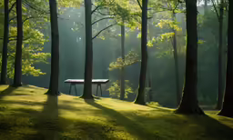 a bench sitting in the middle of the forest