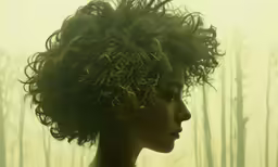 a person with hair is standing in front of trees