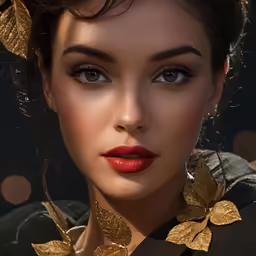 a woman is wearing golden jewelry and red lips