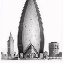 an artful architectural drawing depicts the massive oval structure which is located near two silos