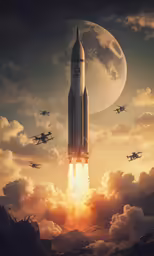 a small space shuttle is flying up into the sky