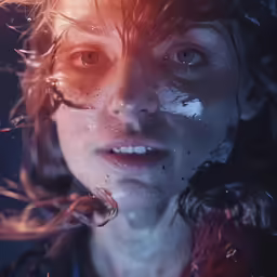 the woman looks into the camera while floating under water