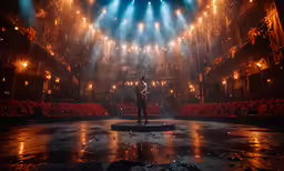 a dark theater with bright lights, and a spotlight