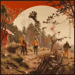 two people walking down a path between trees