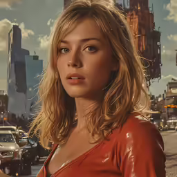 a woman wearing red in the middle of a street