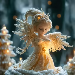 a statue of an angel with yellow lights is standing next to white trees in the snow