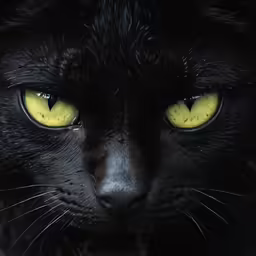 an all black cat with yellow eyes looks to the left