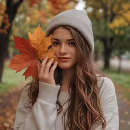 a girl holding up a leaf in front of her face