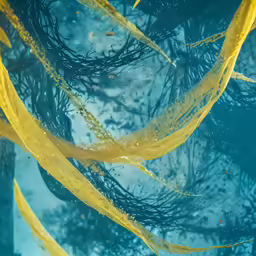 the water looks like it is surrounded by yellow streamers