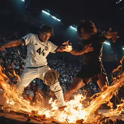 two male basketball players are in the air over the flames
