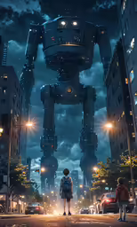a scene with people in the street in front of a robot