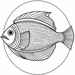black and white drawing of a fish on a round plate