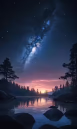 the milky rising over a small lake and trees