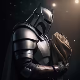 a man in a dark helmet is holding something