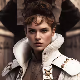 the woman in the historical coat looks at the camera