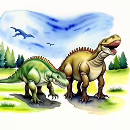 two dinosaurs, one green and one red, in a landscape