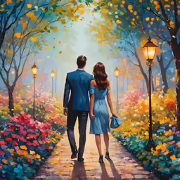 a painting of a couple walking together down a pathway in the middle of flowers